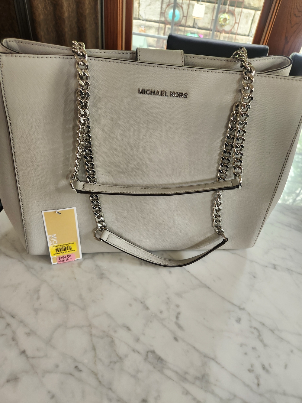 Michael Kors Women's Light Gray Saffiano/Silver Chain Tote, NEW With TAGS.